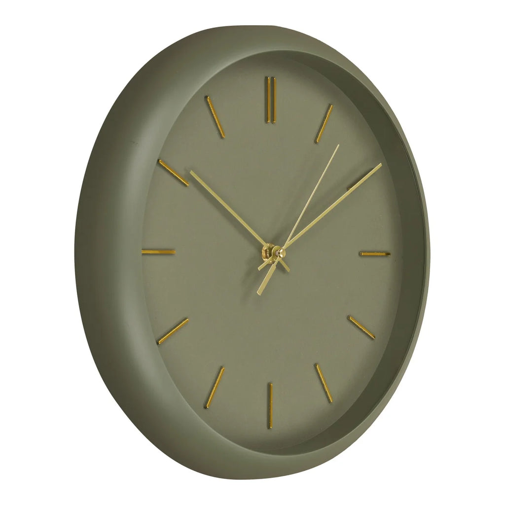 Horloge murale ronde en métal vert kaki avec aiguilles dorées Ø30 cm