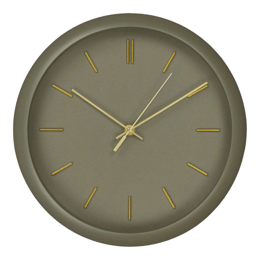 Horloge murale ronde en métal vert kaki avec aiguilles dorées, diamètre 30 cm