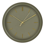 Horloge murale ronde en métal vert kaki avec aiguilles dorées, diamètre 30 cm