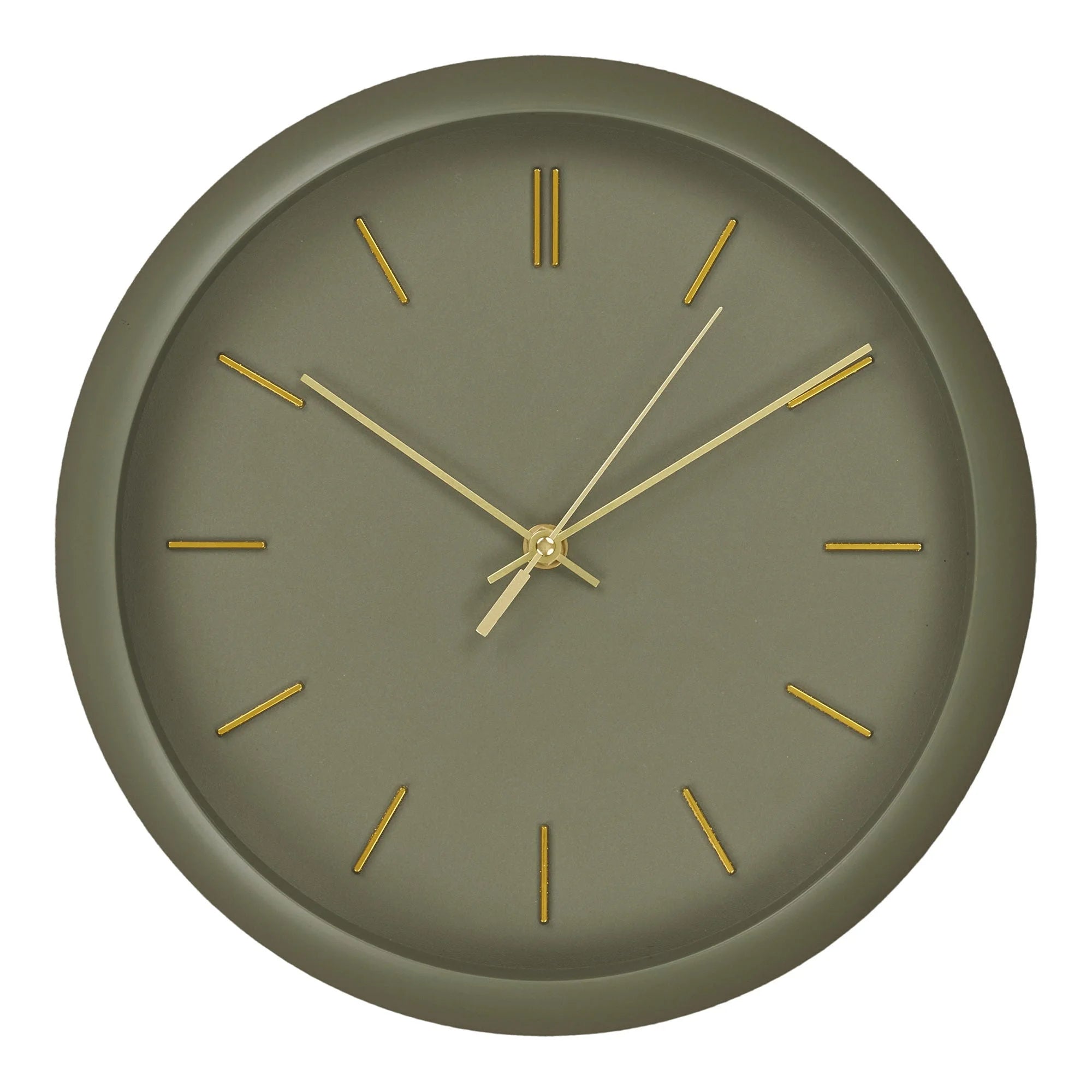 Horloge murale ronde en métal vert kaki avec aiguilles dorées, diamètre 30 cm