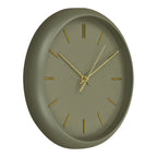Horloge murale ronde en métal vert kaki avec aiguilles dorées, diamètre 30 cm