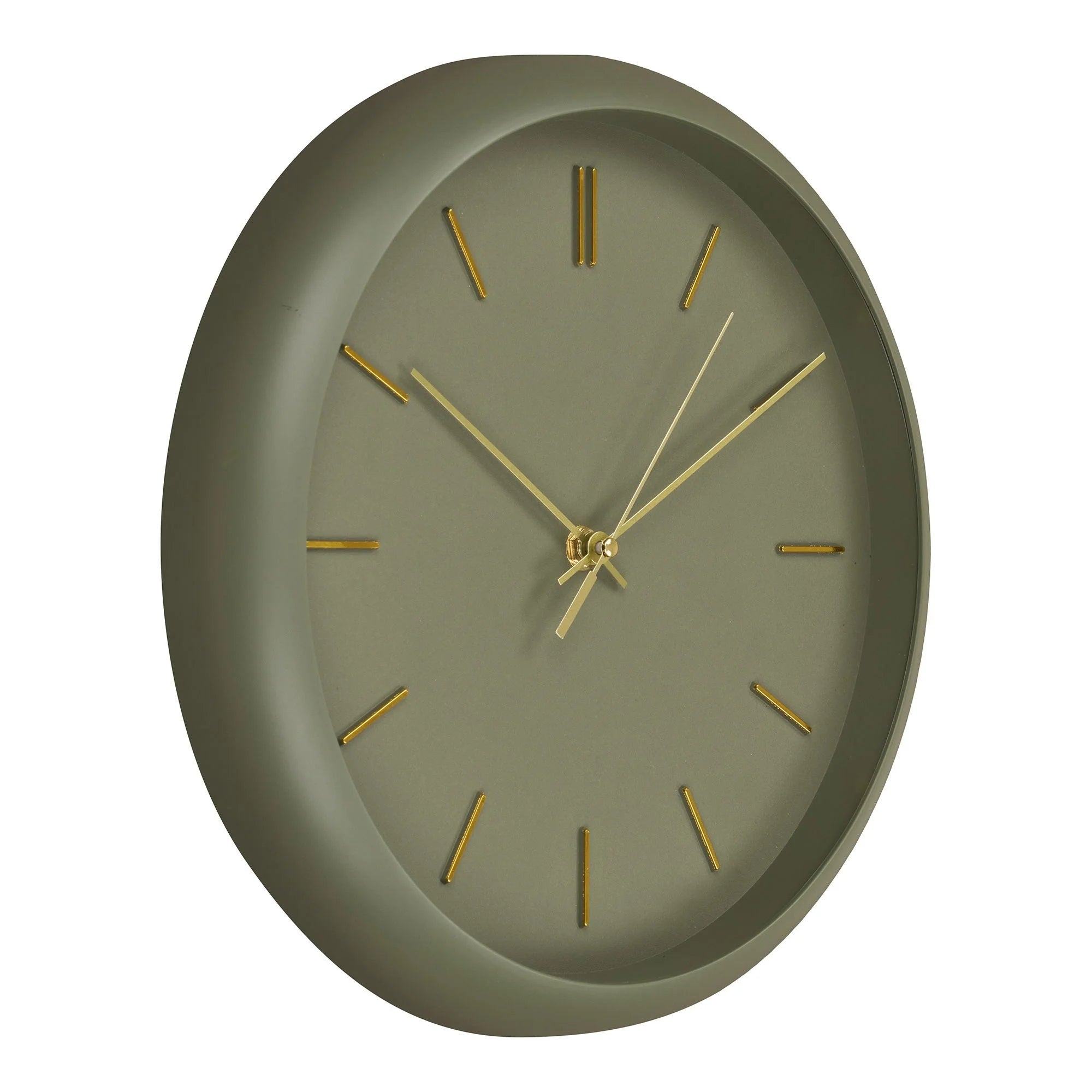 Horloge murale ronde en métal vert kaki avec aiguilles dorées, diamètre 30 cm