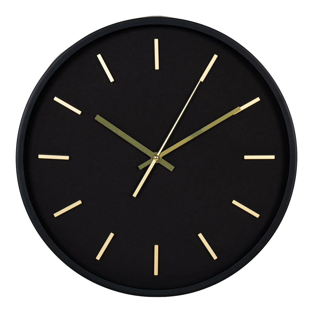 Horloge murale ronde noire en verre et métal, détails dorés, Ø35 cm