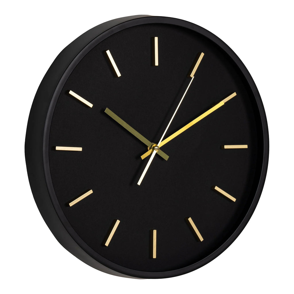Horloge murale ronde noire en verre et métal avec détails dorés, diamètre 35 cm
