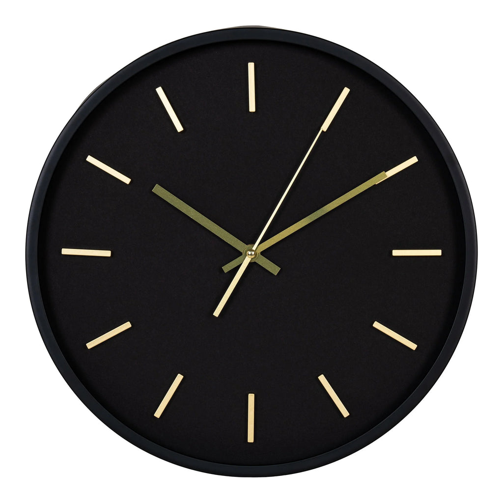 Horloge murale ronde noire en verre et métal avec aiguilles et marquages dorés