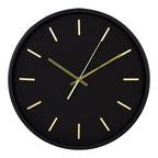 Horloge murale ronde noire en verre et métal avec aiguilles et marquages dorés
