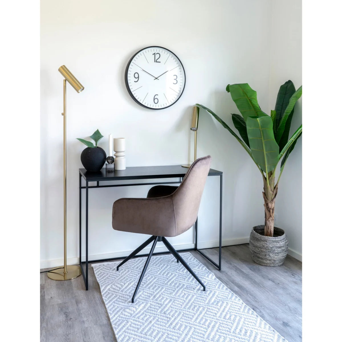 Chaise de bureau moderne taupe rembourrée, cadre métal noir et base étoile 5