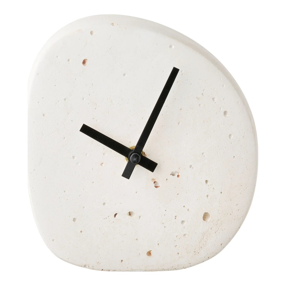 Horloge de table en ciment blanc aspect pierre galet moucheté avec aiguilles noires