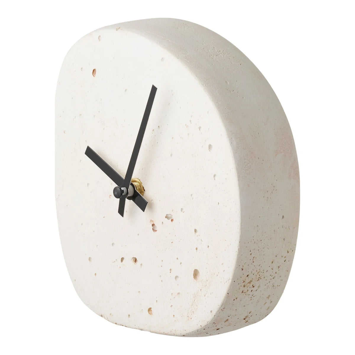 Horloge de table en ciment blanc aspect pierre galet moucheté avec aiguilles noires