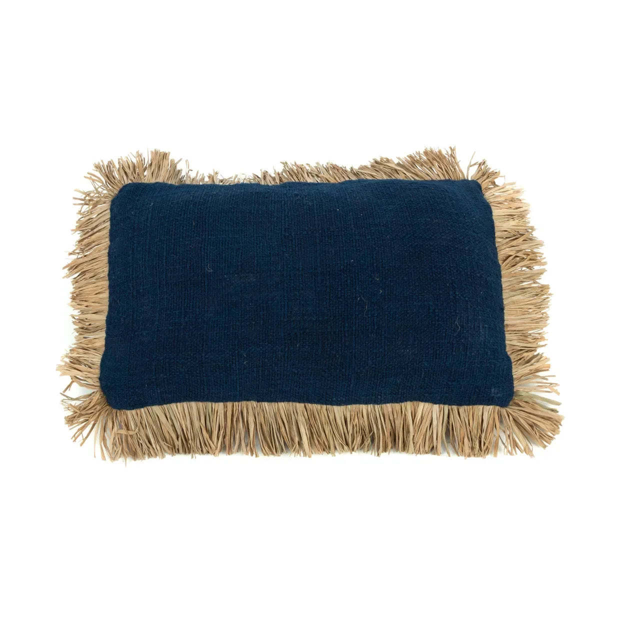 Coussin en coton bleu naturel avec franges en raphia, 30x50 cm