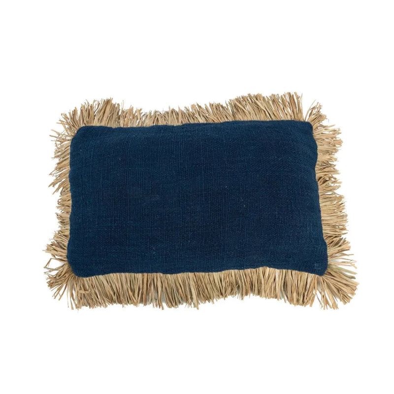 Housse de coussin 30x50 en coton bleu naturel et raphia