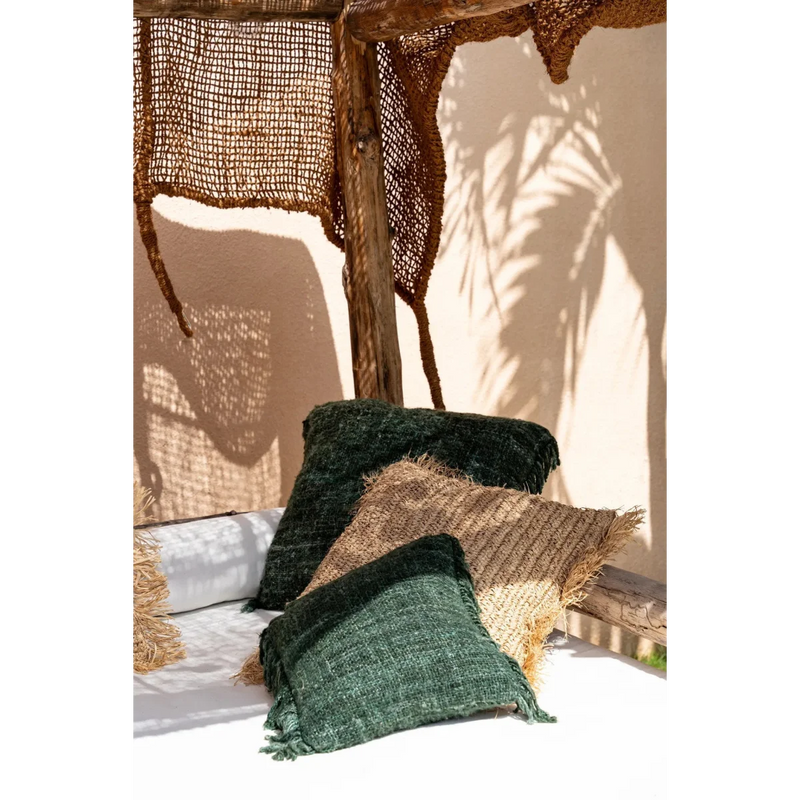 Housse de coussin 60x60 en coton vert forêt à franges