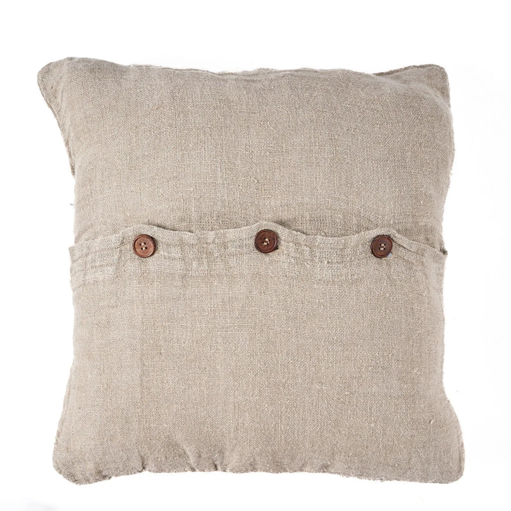 Housse de coussin carré en lin beige texturé avec poche boutonnée
