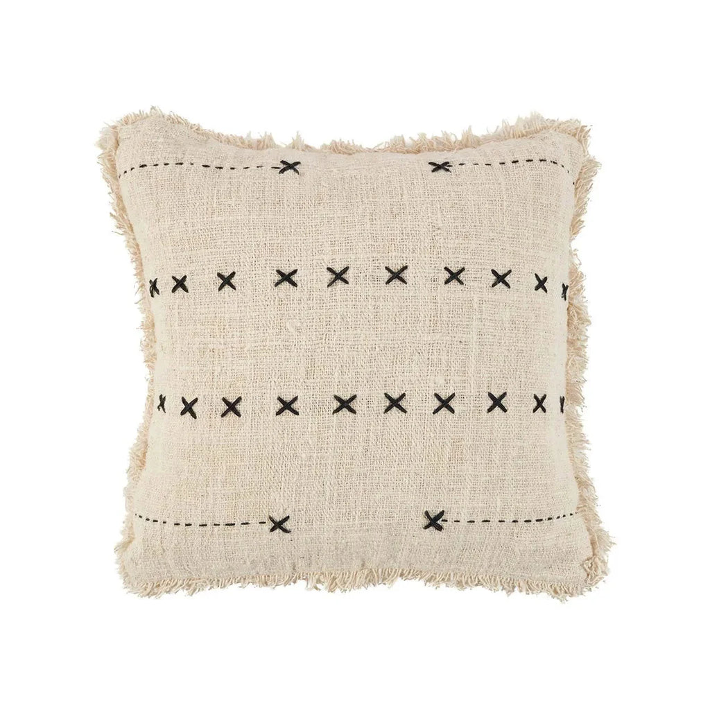 Housse de coussin carrée en coton beige broderie noire à franges