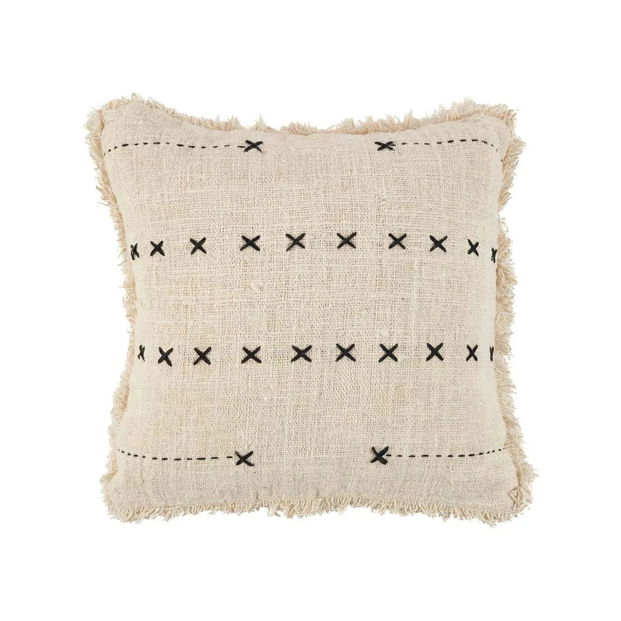 Housse de coussin carrée en coton beige broderie noire à franges