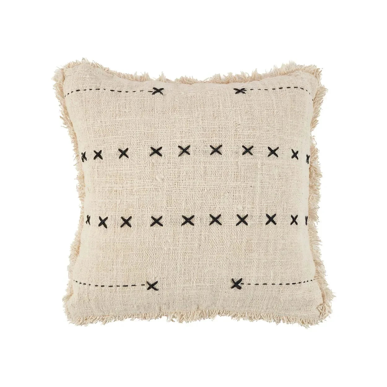 Coussin carré beige en coton avec broderie noire, franges et motif croix