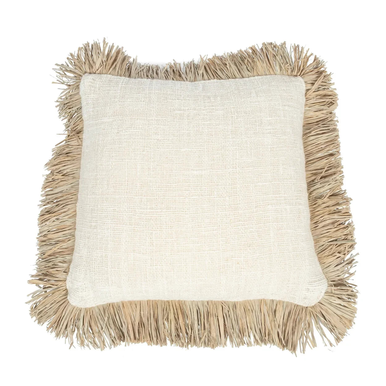 Coussin carré en coton naturel avec raphia et franges décoratives