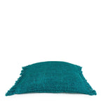 Coussin carré en coton texturé aqua avec franges et bords effilochés