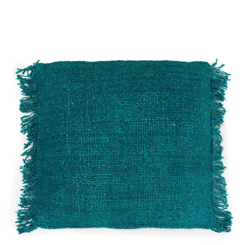 Housse de coussin carrée en coton texturé aqua avec franges – 60x60 cm