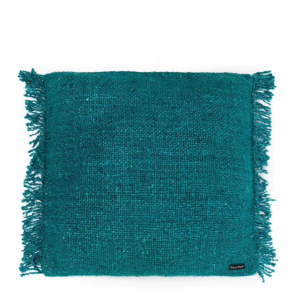 Coussin carré en coton texturé aqua avec franges, 60x60 cm, décoration intérieure