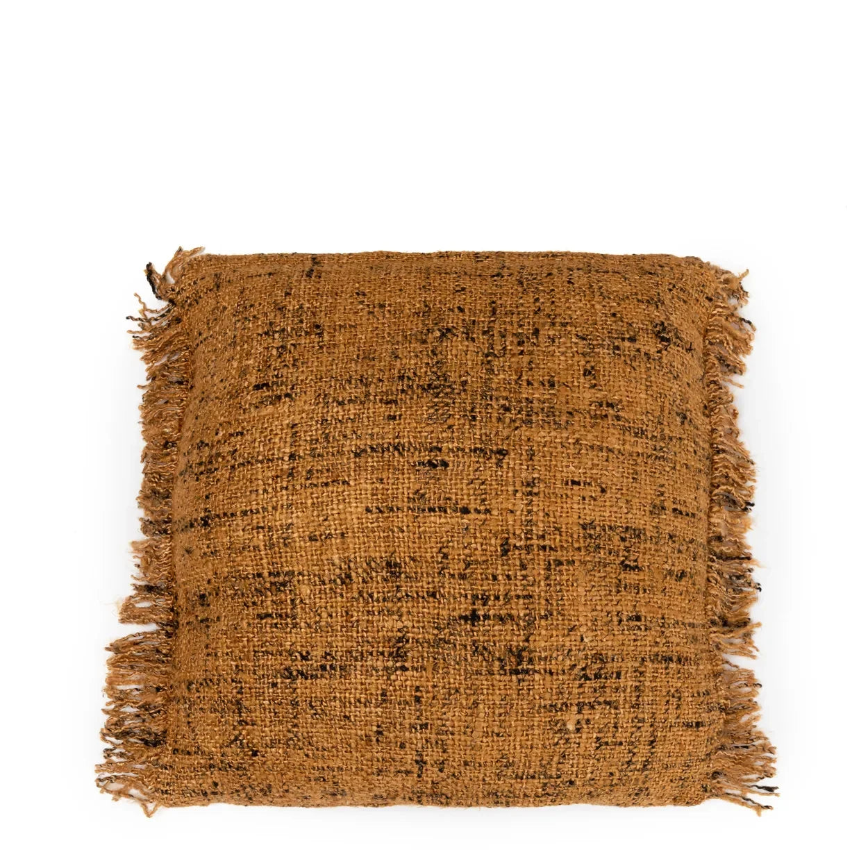 Coussin carré en coton tissé marron avec franges et motif noir, 60x60 cm