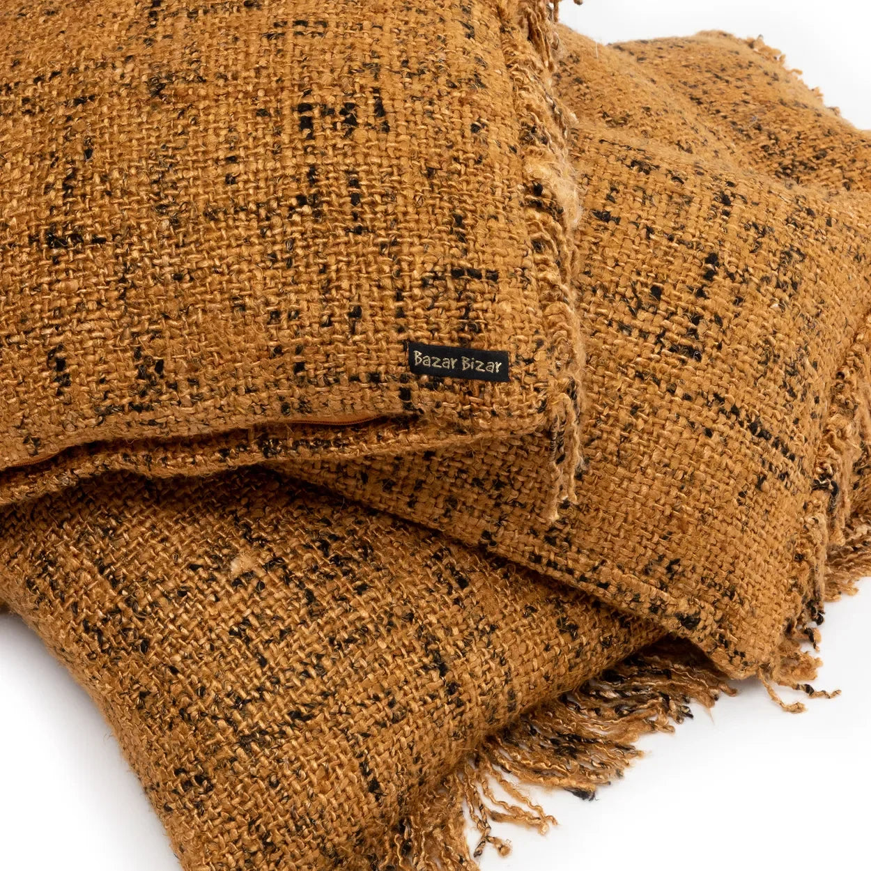 Coussins carrés en coton tissé marron avec motifs noirs et franges pour décoration intérieure