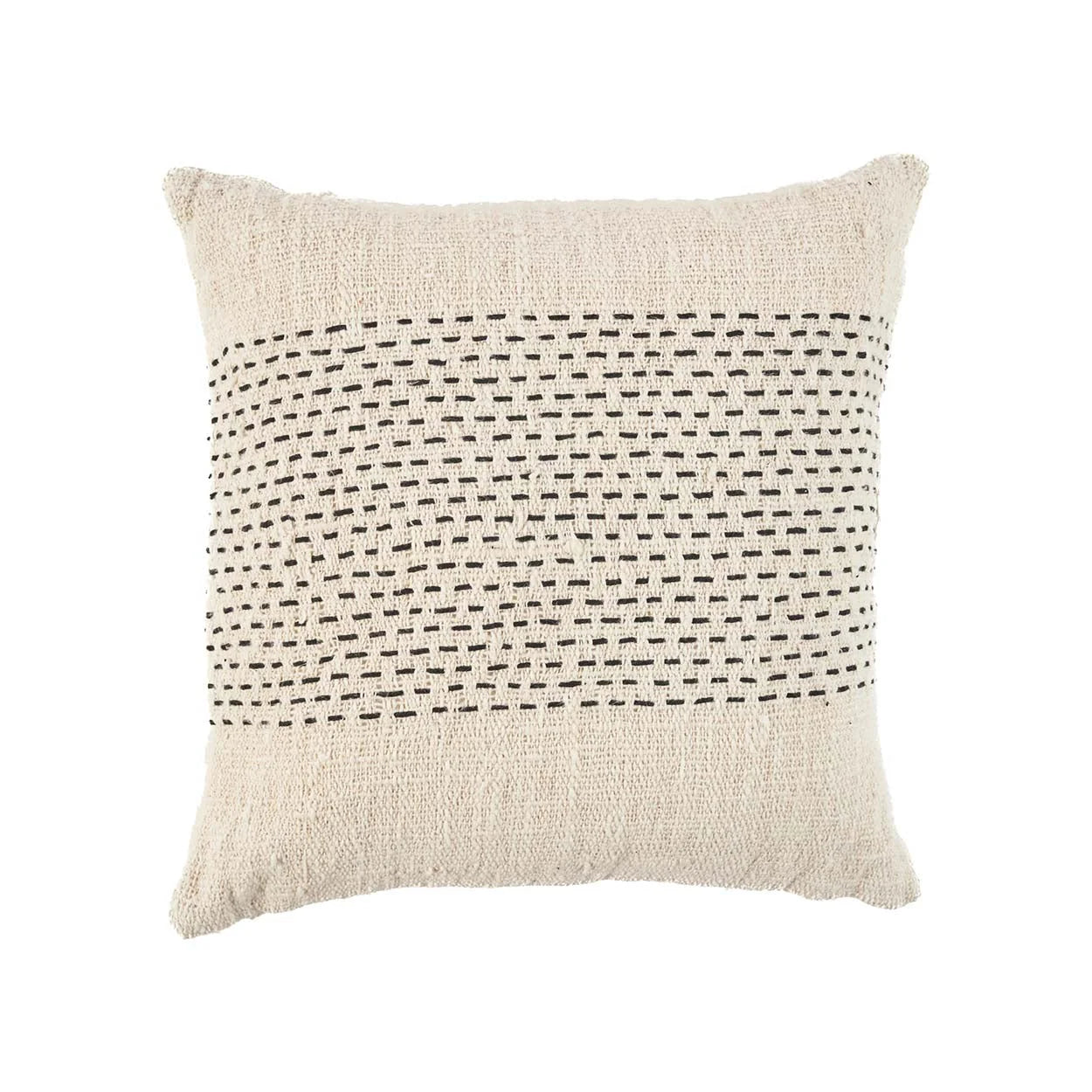 Coussin carré en coton tissé noir et blanc avec rayures et tirages noirs