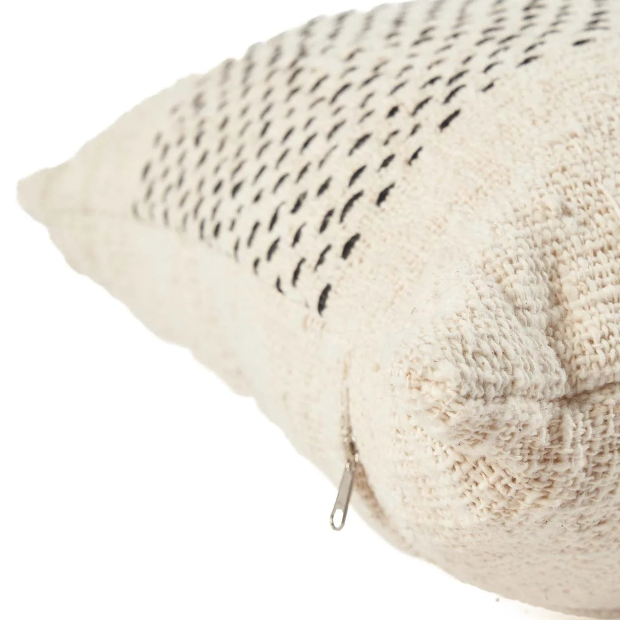 Coussin carré en coton tissé avec motif rayé noir et fermeture éclair