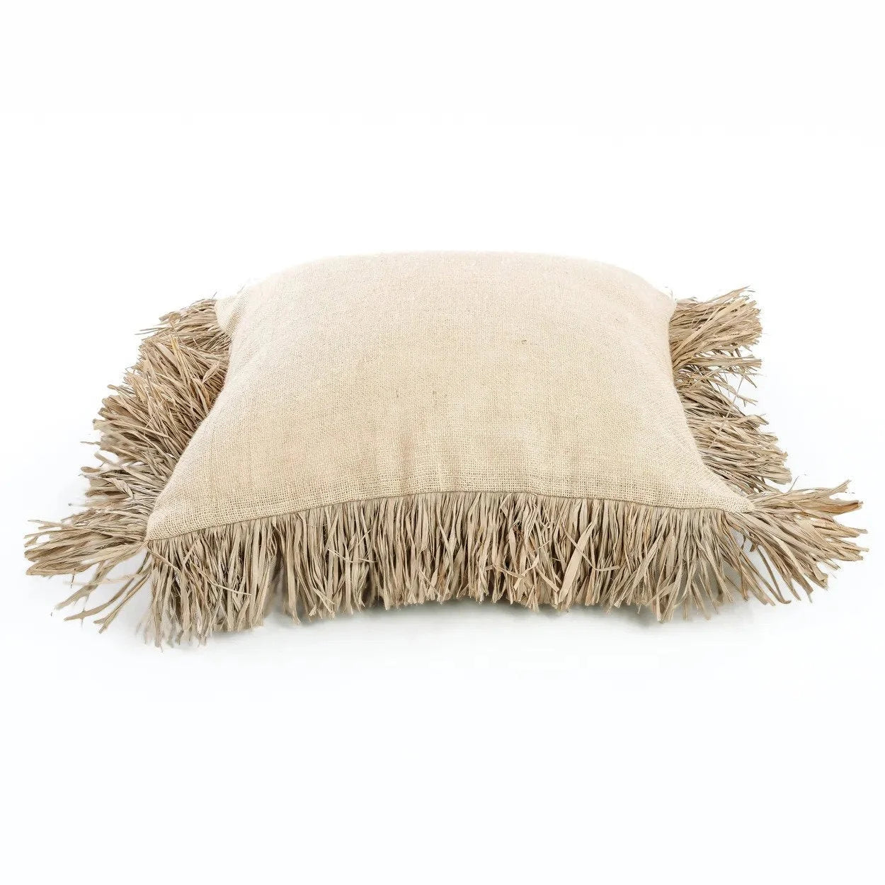Coussin carré en jute naturel avec franges en raphia pour décoration intérieure