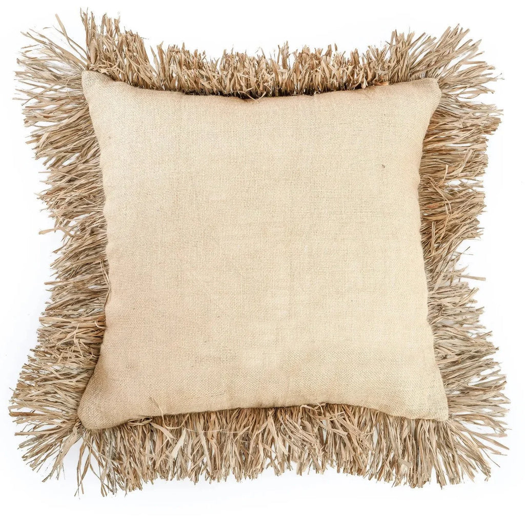 Coussin carré en jute naturel avec franges en raphia pour décoration intérieure