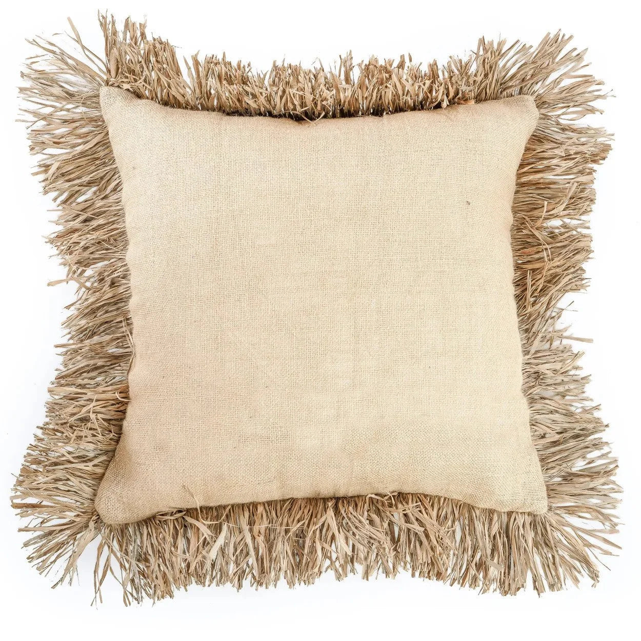 Coussin carré en jute naturel avec franges en raphia pour décoration intérieure