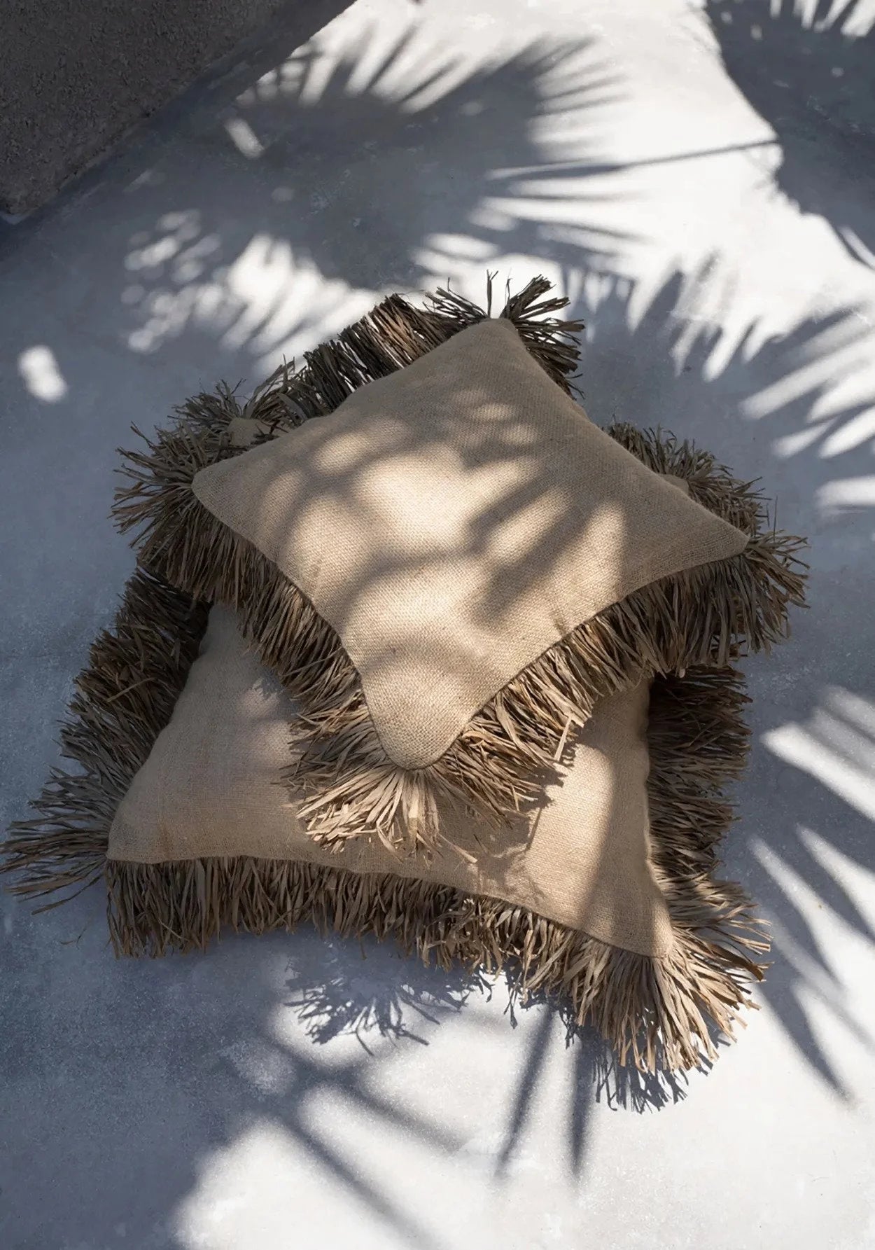 Coussins carrés en jute naturel avec franges en raphia, beige, 60x60 cm