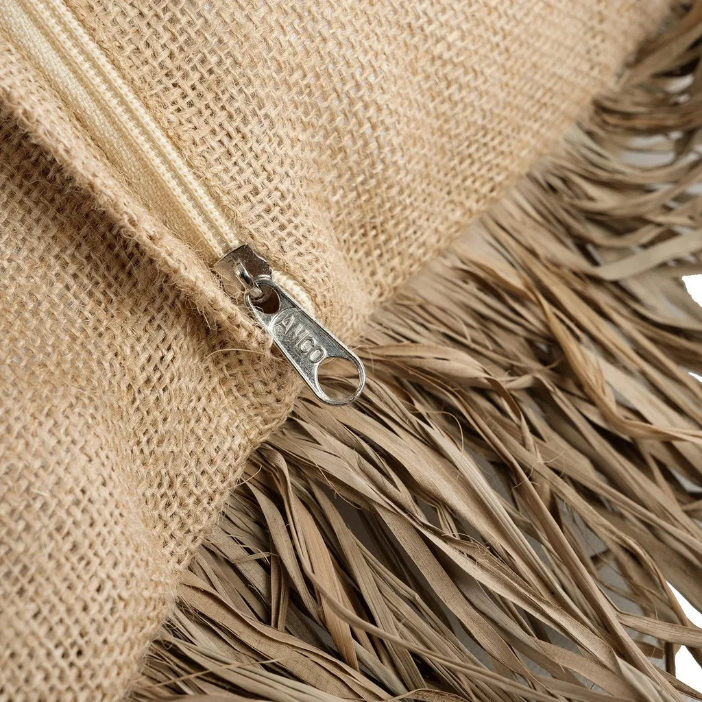 Coussin carré en Jute naturel avec fermeture éclair et franges en raphia 60x60 cm