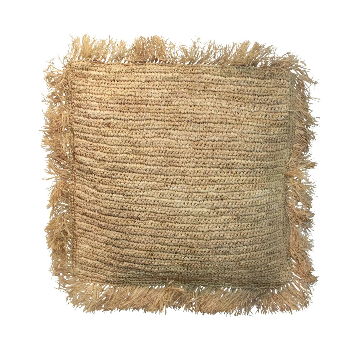 Coussin carré en raphia naturel avec frange, tissu artisanal pour décoration intérieure