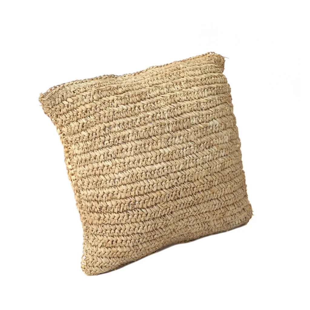 Housse de coussin carrée en raphia naturel tressé beige texturé