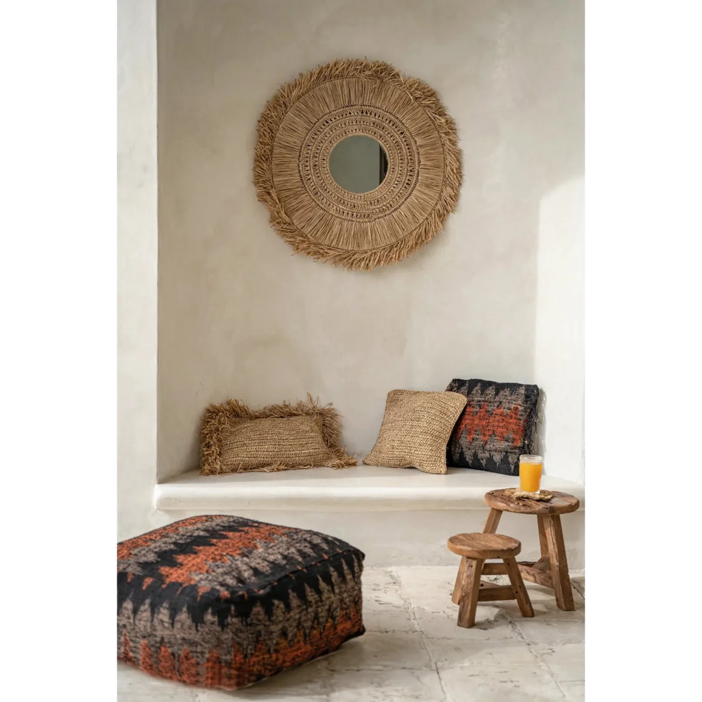 Housse de coussin carrée en raphia tressé naturel bohème