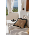 Coussin carré en raphia noir naturel avec franges foncées, 60x60 cm