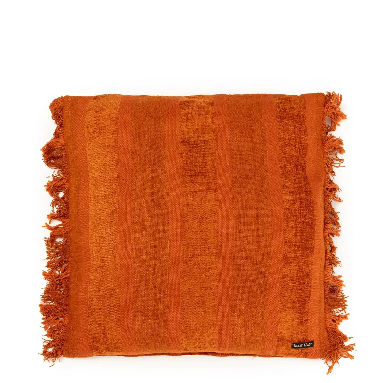Coussin carré en velours rouille avec rayures orange et franges, 60x60 cm