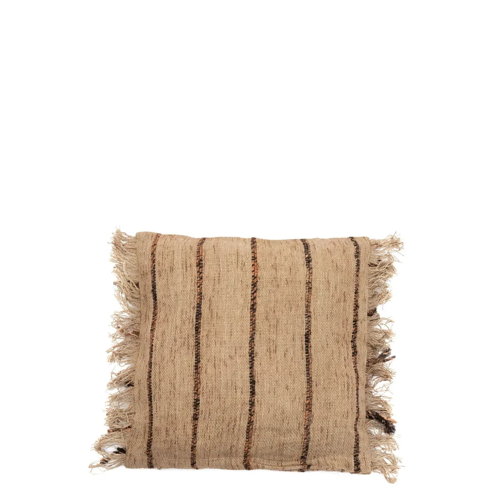 Coussin beige et noir à rayures avec franges pour décoration intérieure de 40x40 cm