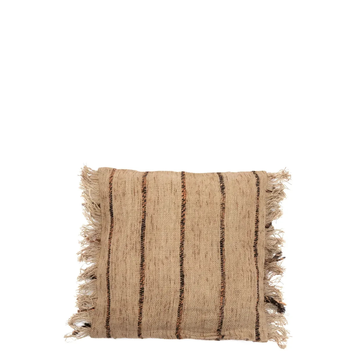 Coussin beige et noir à rayures avec franges pour décoration intérieure de 40x40 cm