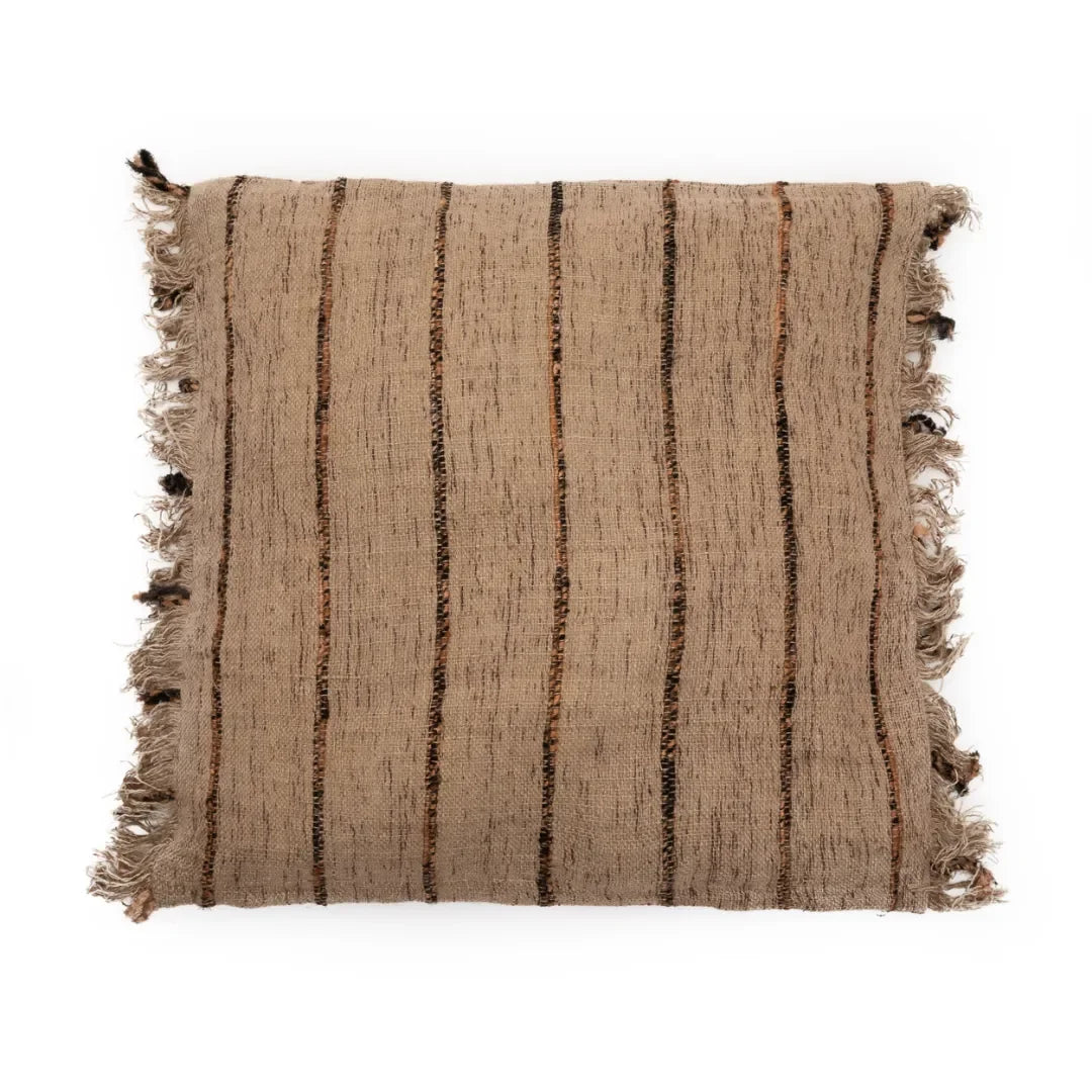 Housse de coussin en coton beige noir 60x60 cm avec oreiller à franges rayé brun
