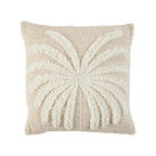 Coussin carré en coton blanc naturel avec motif palmier stylisé en crème et beige