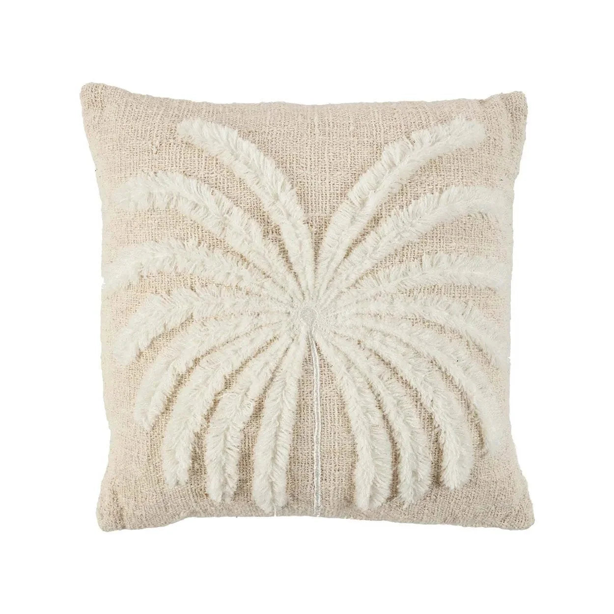 Coussin carré en coton blanc naturel avec motif palmier stylisé en crème et beige