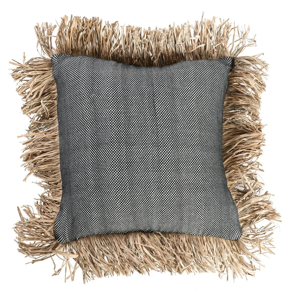 Coussin carré gris avec frange en paille, Housse de coussin en coton Bonita Noir naturel 40x40