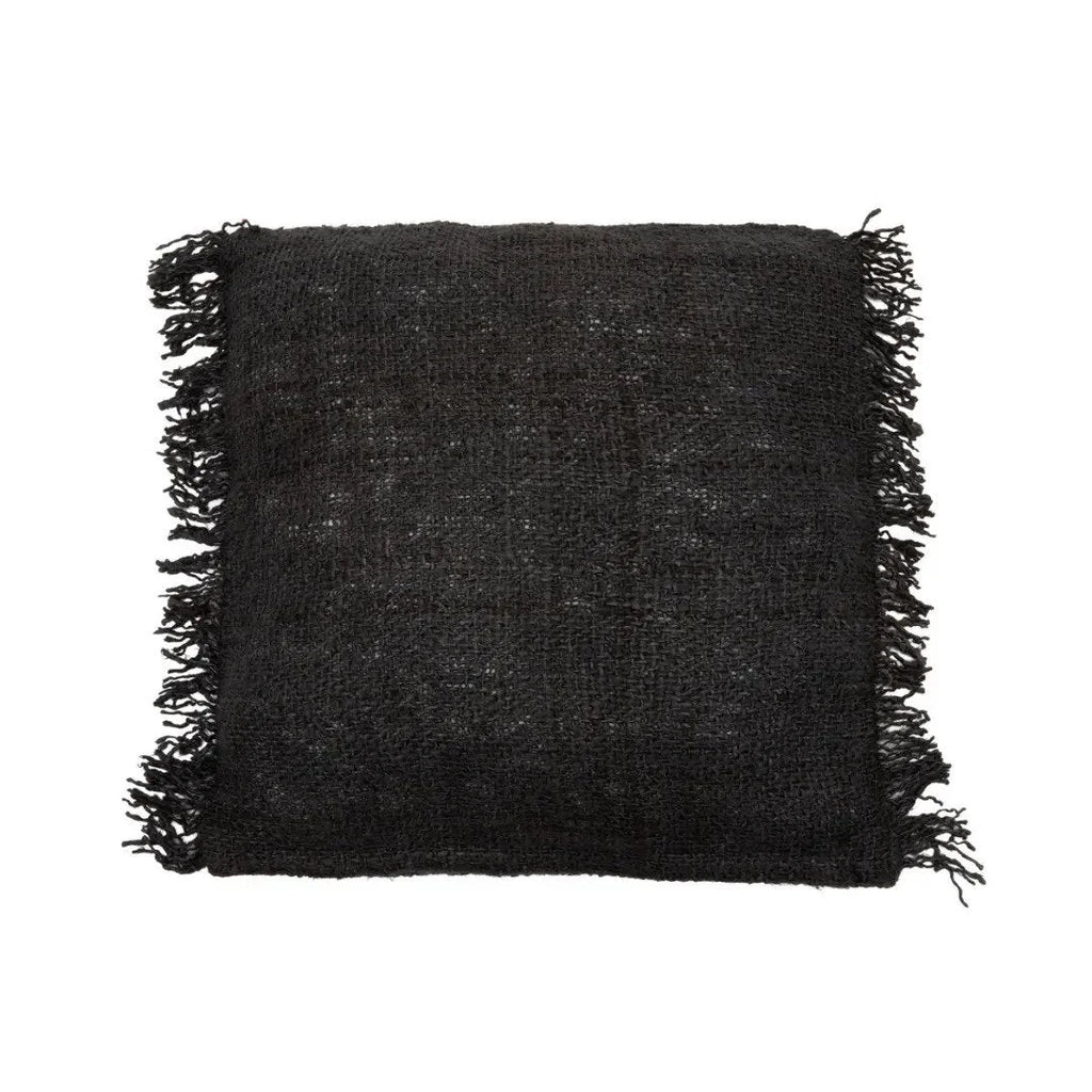 Coussin noir frangé en coton avec texture tissée, dimensions 60x60 cm