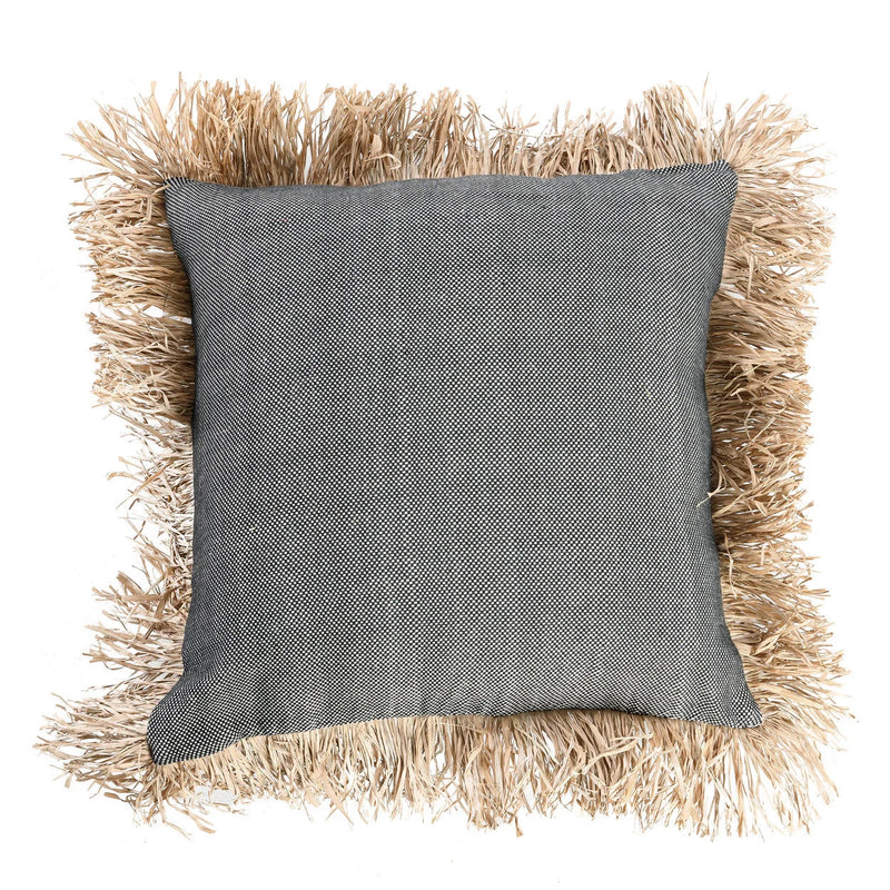 Housse de coussin coton et raphia à franges noir naturel - 60x60 cm
