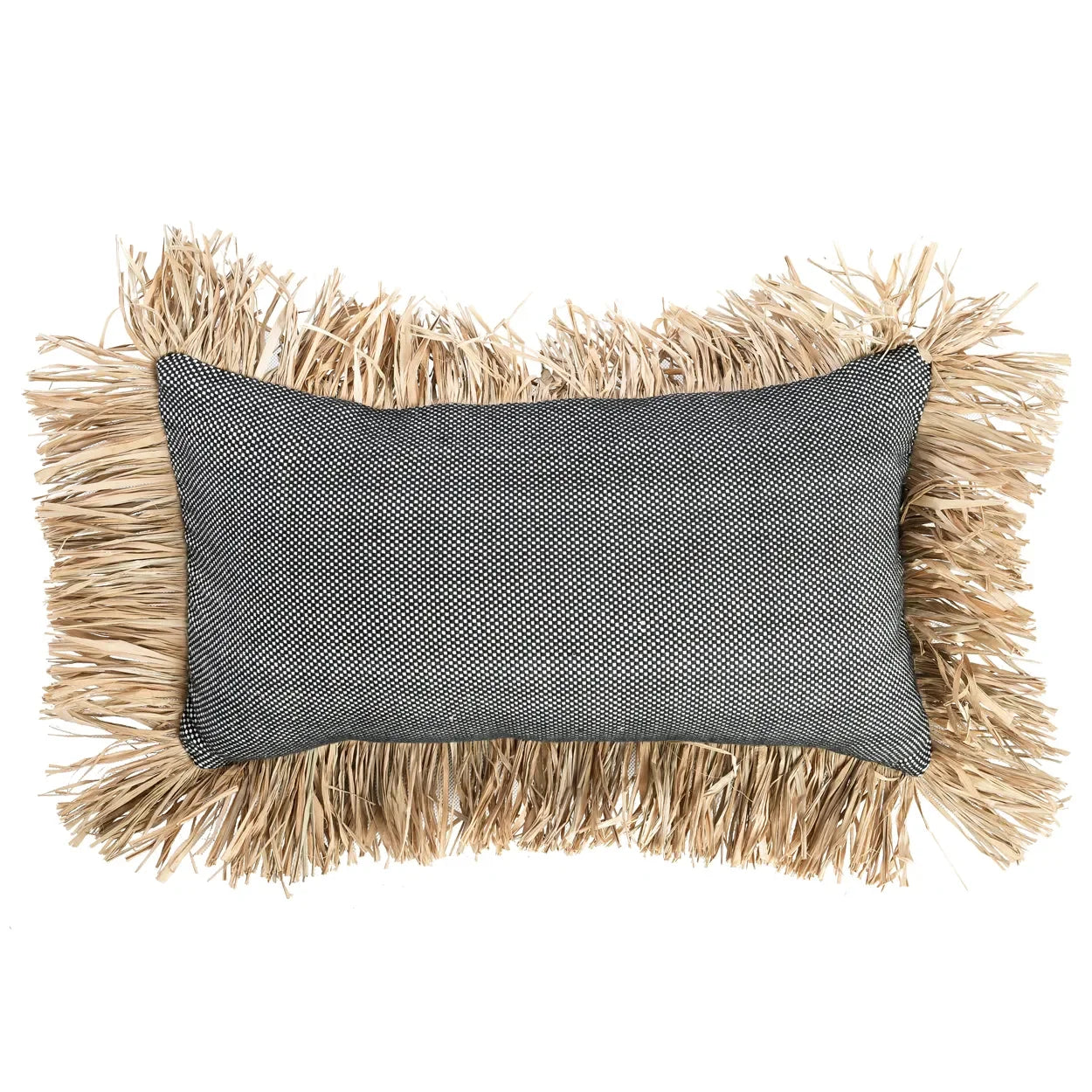 Oreiller rectangulaire gris avec frange en raphia pour décoration naturelle 30x50