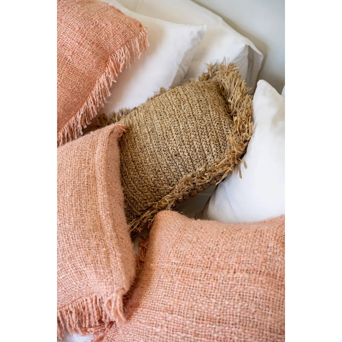 Housse de coussin en coton rose saumon 40x40 cm avec coussins tissés peach et tan