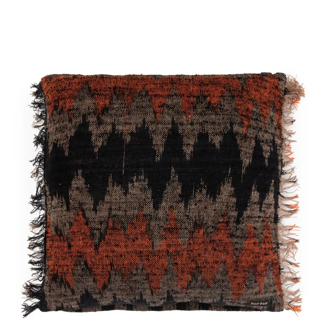 Coussin décoratif à franges avec motif zigzag noir et orange, 60x60 cm