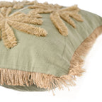 Coussin carré vert olive en coton avec franges en fibres naturelles